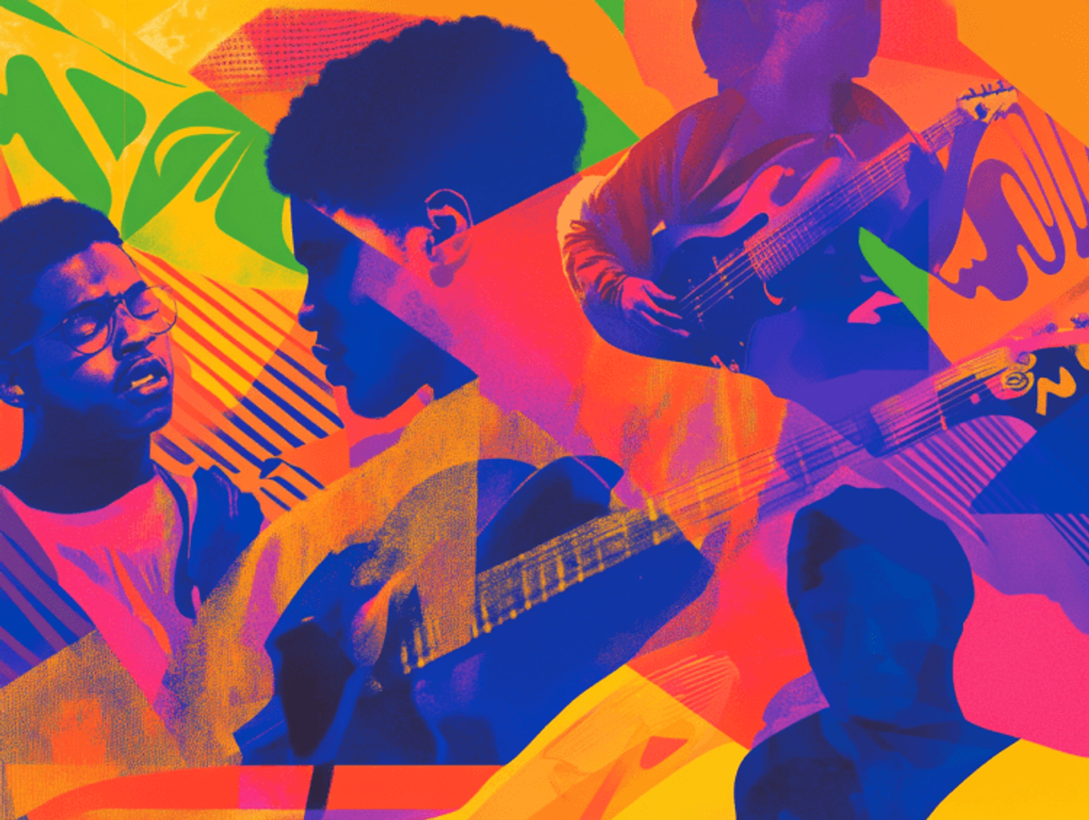 Colorful abstract art of people with musical instruments.