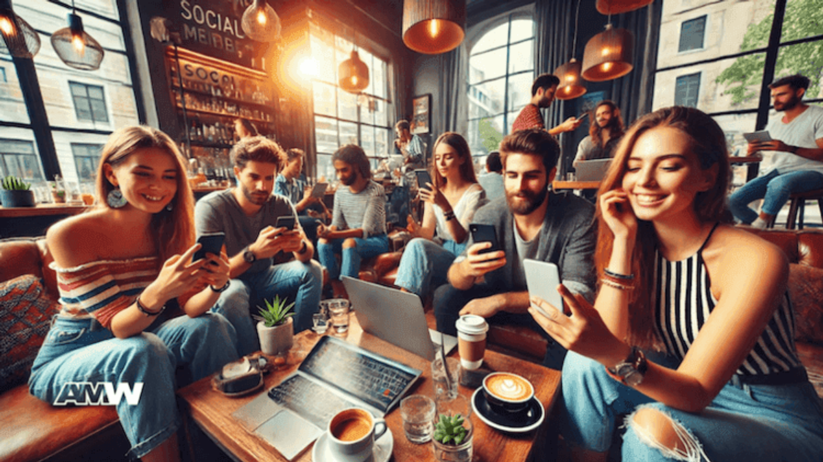 People socializing and using phones in a cafe.