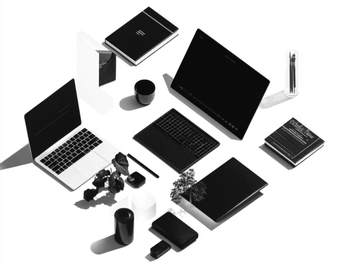 Monochrome workspace with laptops, notebooks, and plants.