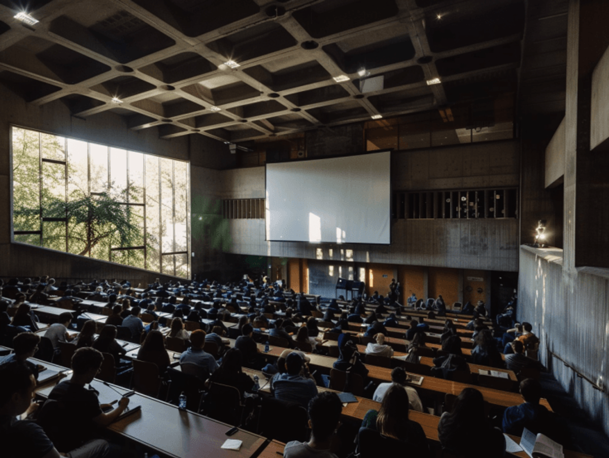 Large lecture hall with attentive students.