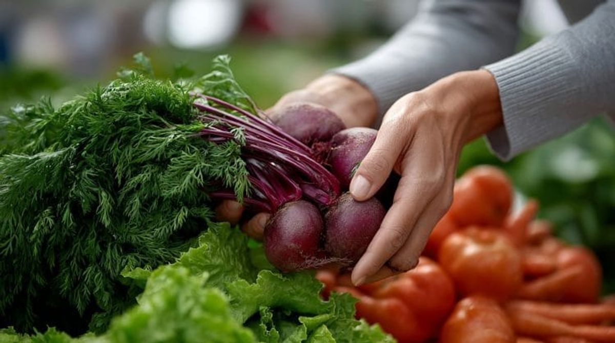 Hands holding fresh beets at a market