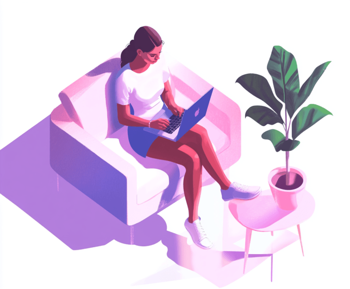 Woman working on laptop beside potted plant