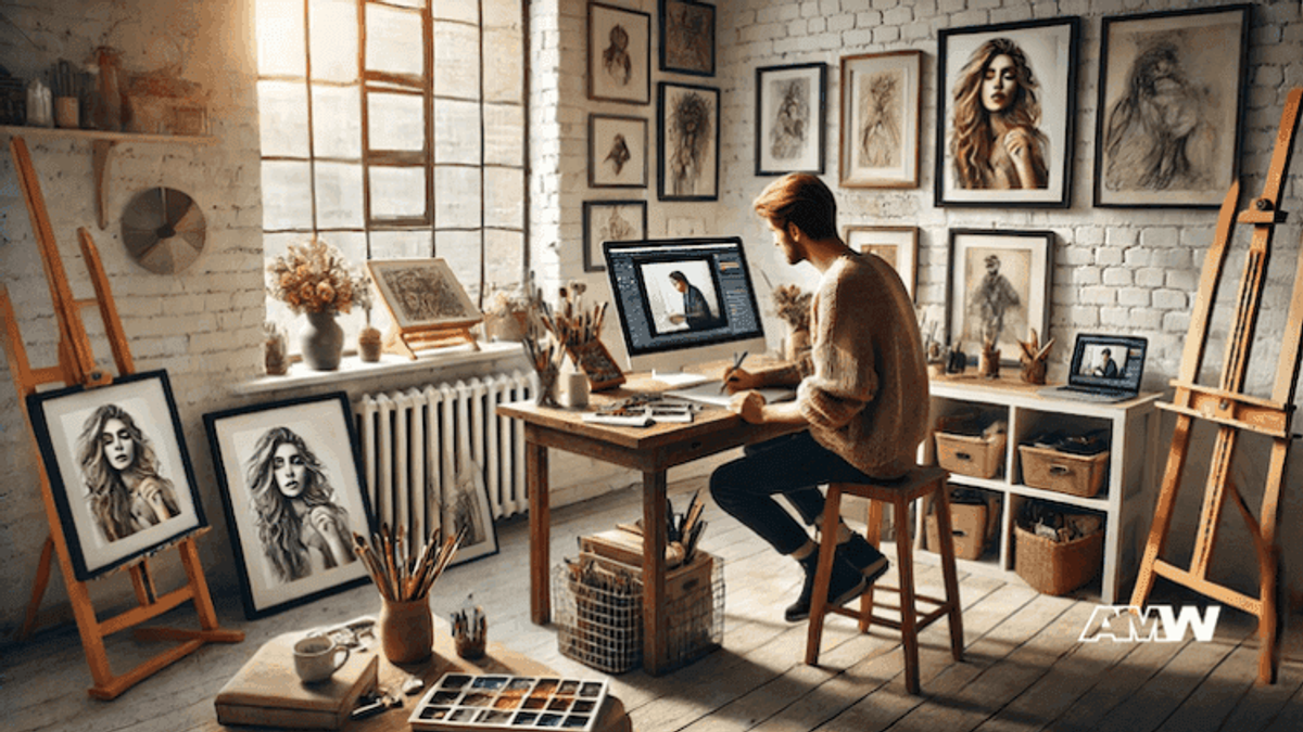 Artist working on portraits in studio