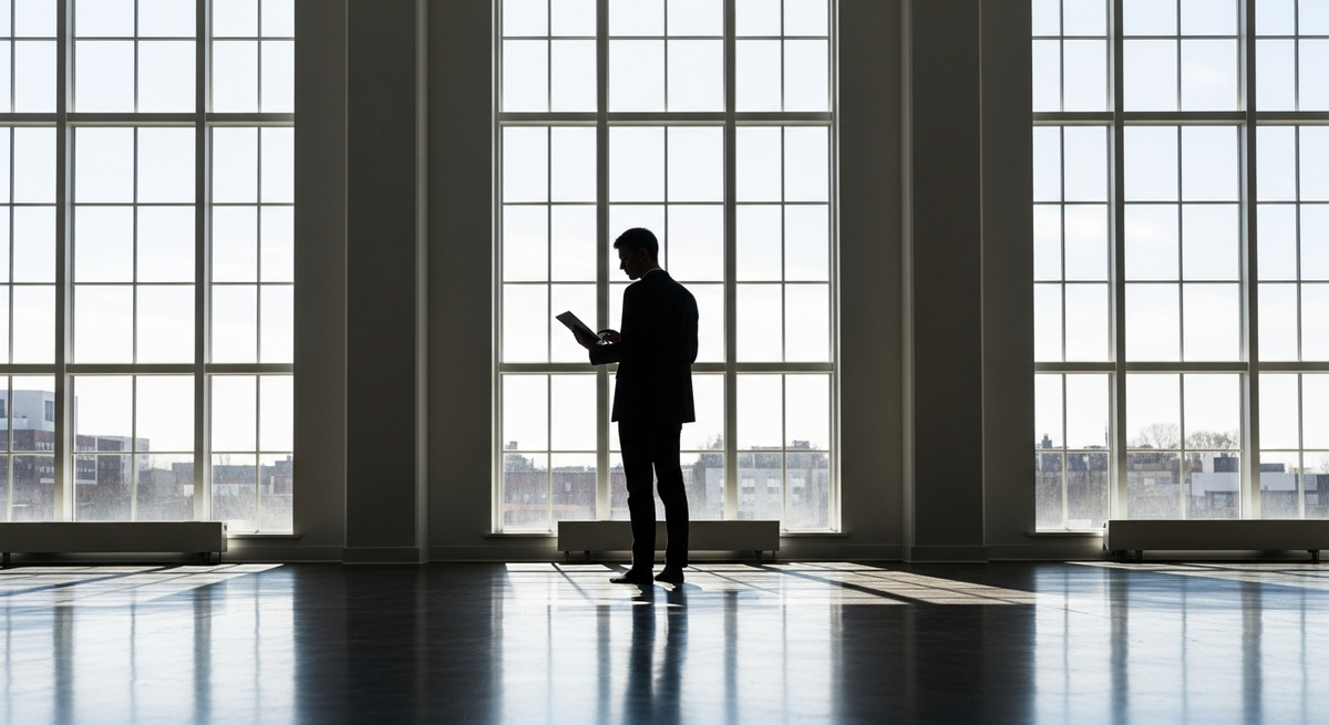 Silhouette of a media professional standing against bright floor-to-ceiling windows in a modern space