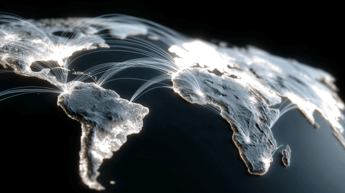 Glowing world map with data network connections.