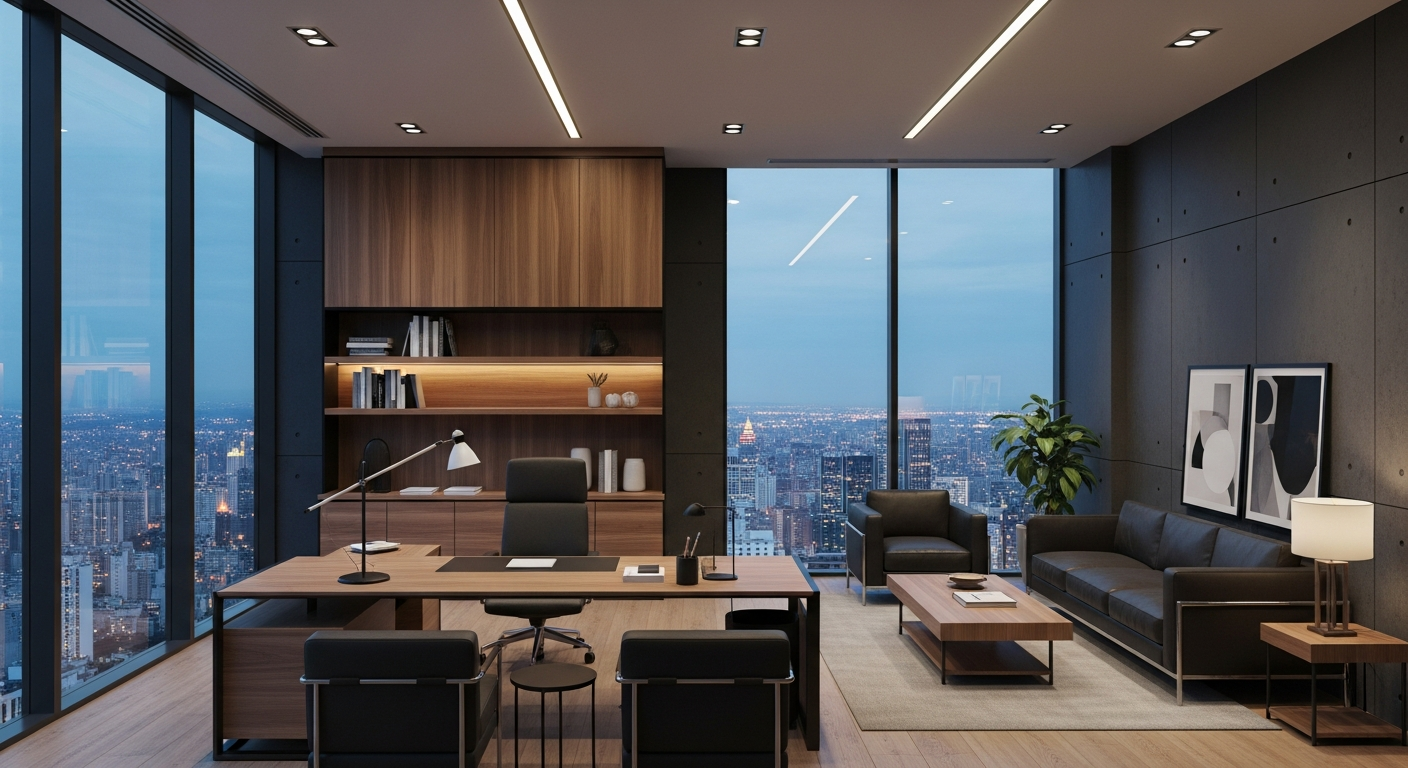 Executive office with city skyline representing B2B marketing strategy