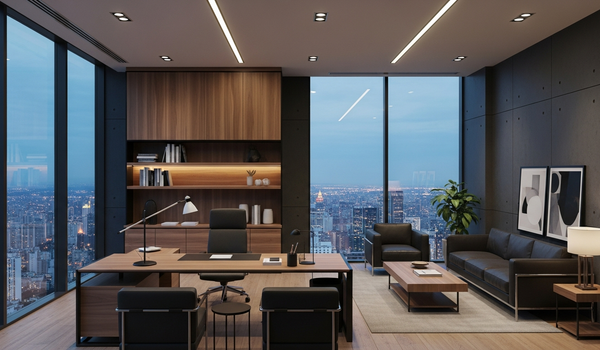 Executive office with city skyline representing B2B marketing strategy