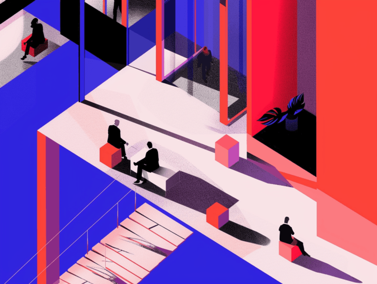 Abstract office scene with people and geometric shapes.