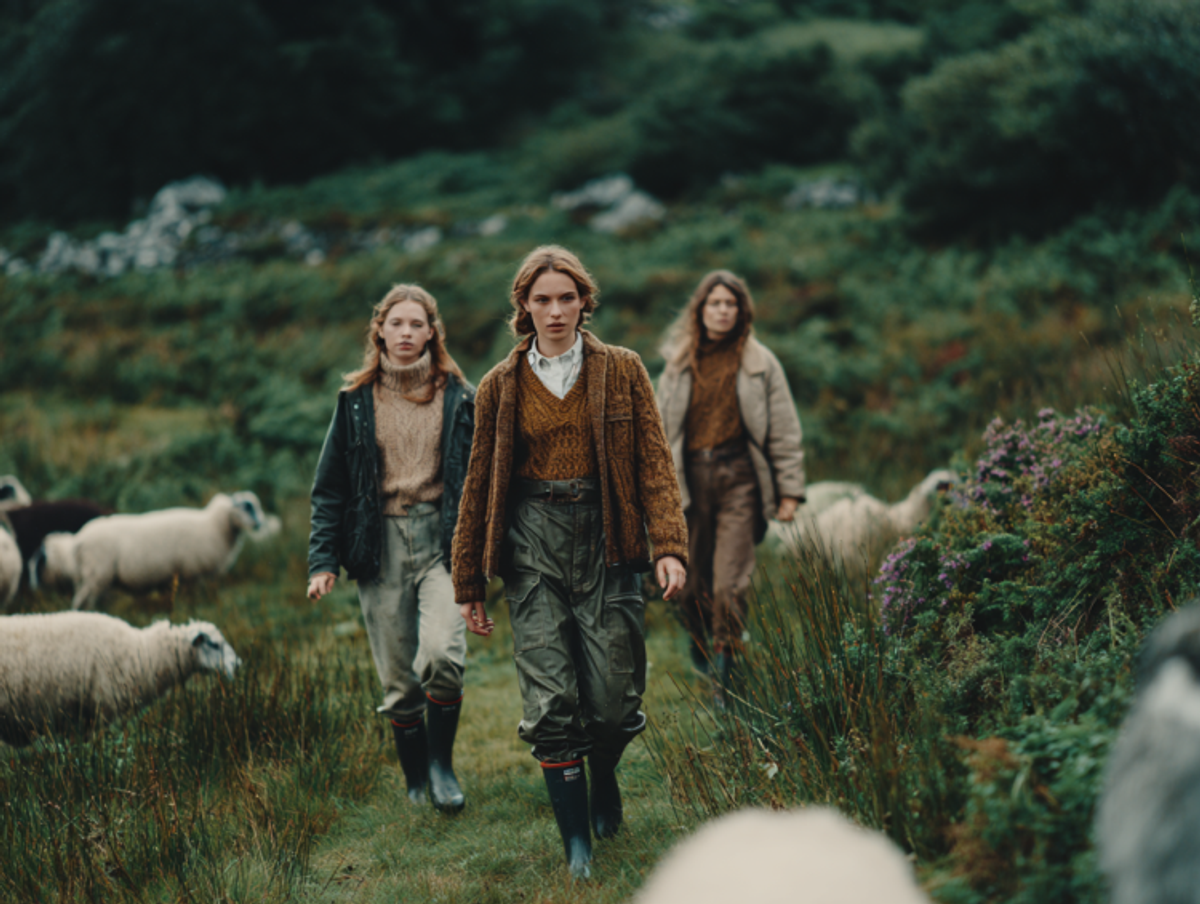 Three people walking through a field with sheep.