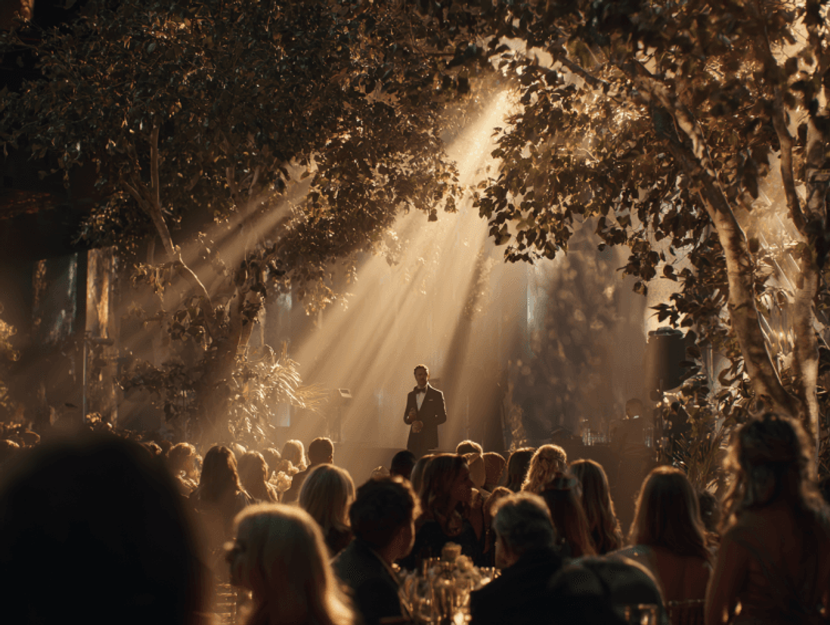 Speaker at banquet under tree canopy with sunlight rays.