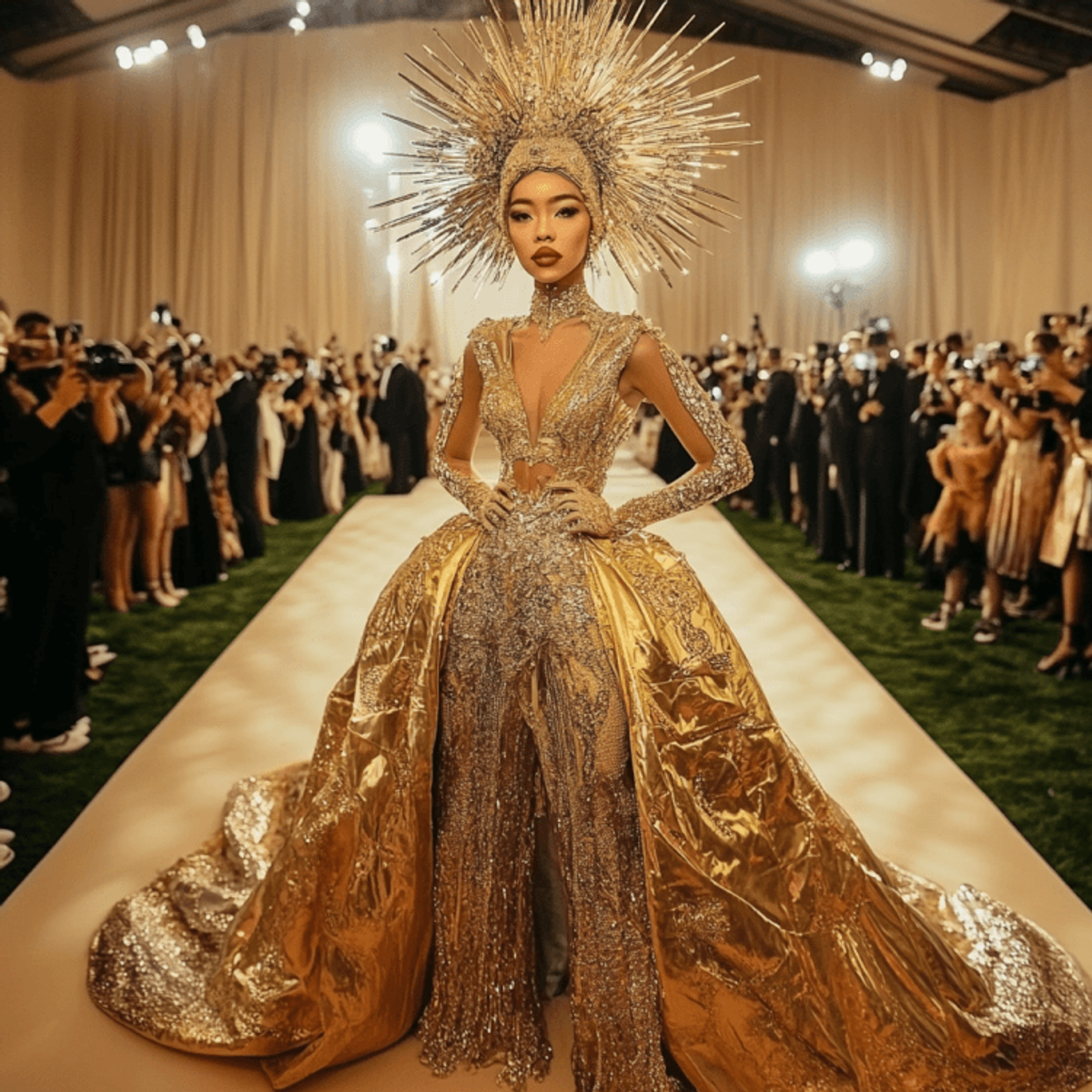 Model in glamorous gold gown on runway