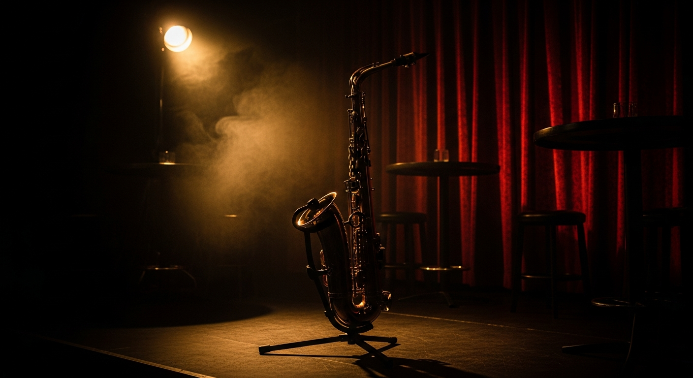 Jazz music promotion with saxophone in smoky club atmosphere