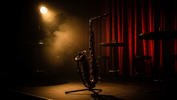 Jazz music promotion with saxophone in smoky club atmosphere