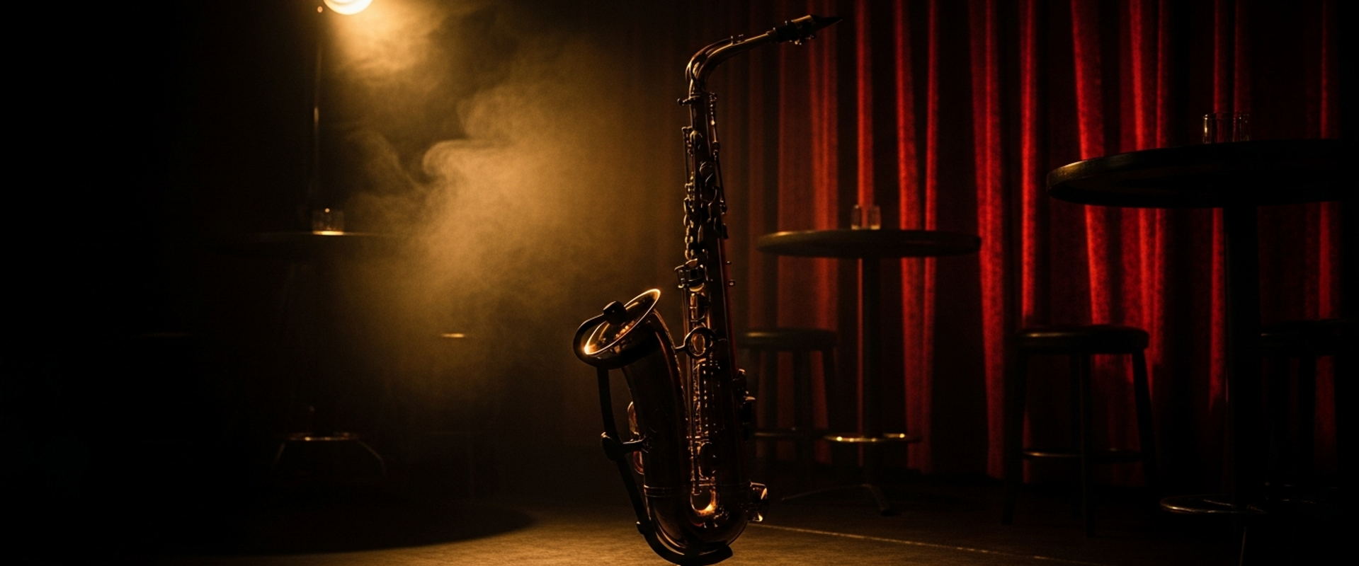Jazz music promotion with saxophone in smoky club atmosphere