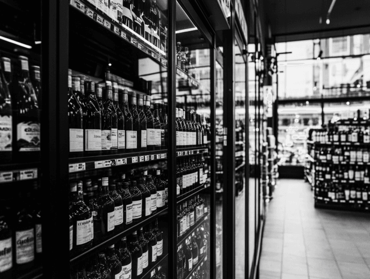Wine bottles on shelves in store aisle.