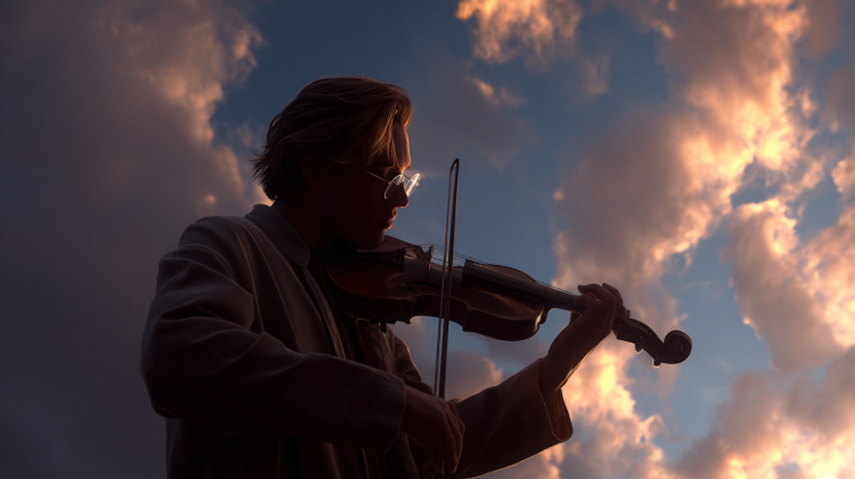 Person playing violin under dramatic sky