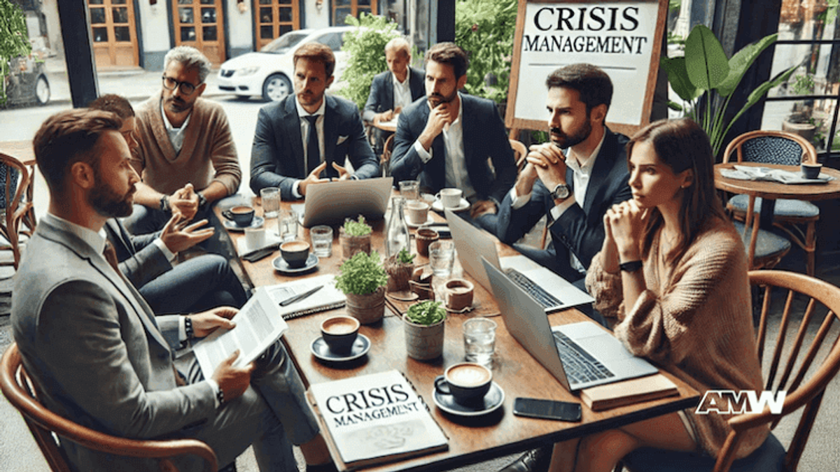 Business meeting discussing crisis management strategies.