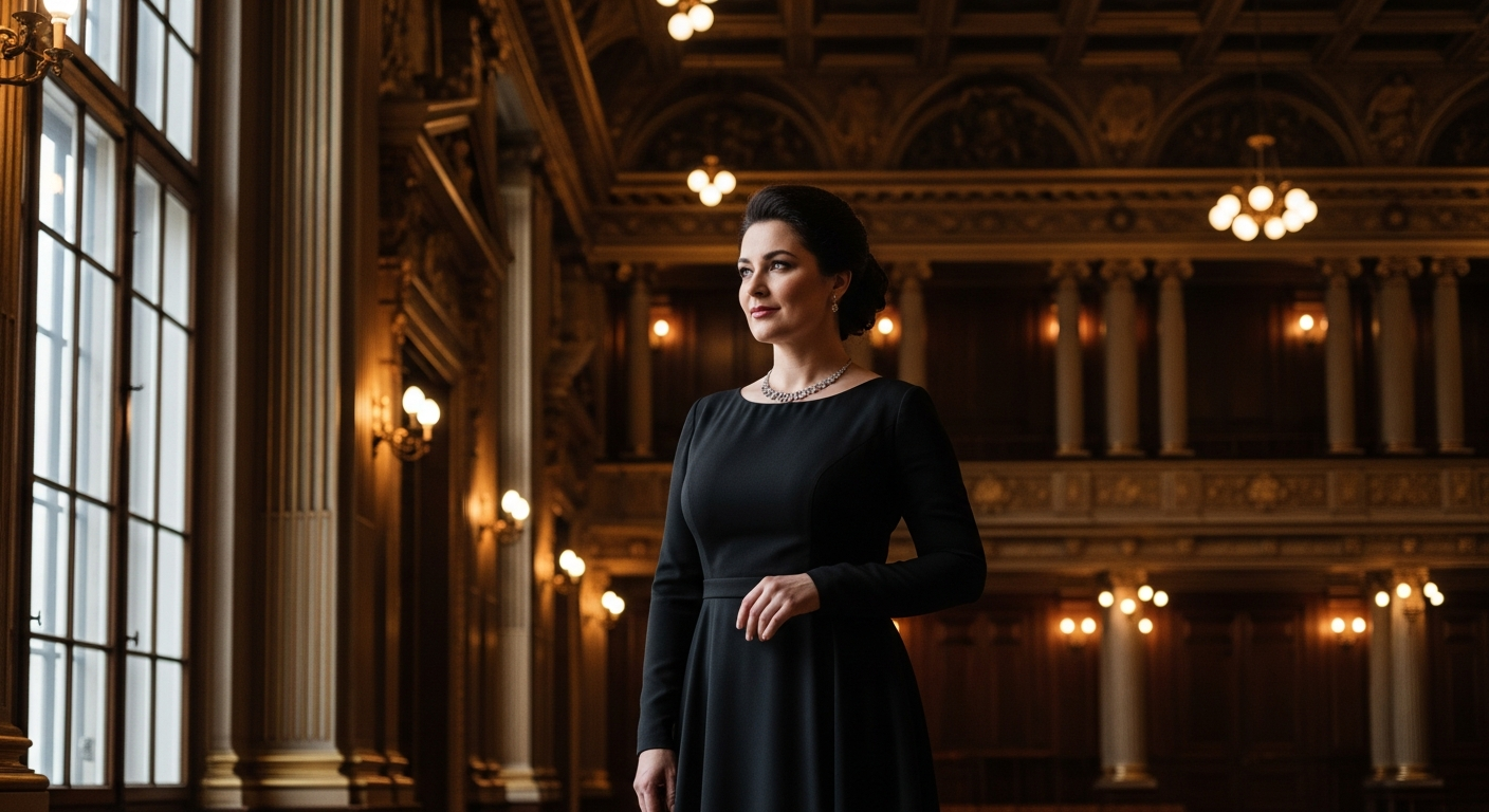 Classical opera singer in elegant black attire standing in ornate European concert hall