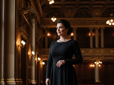 Classical opera singer in elegant black attire standing in ornate European concert hall