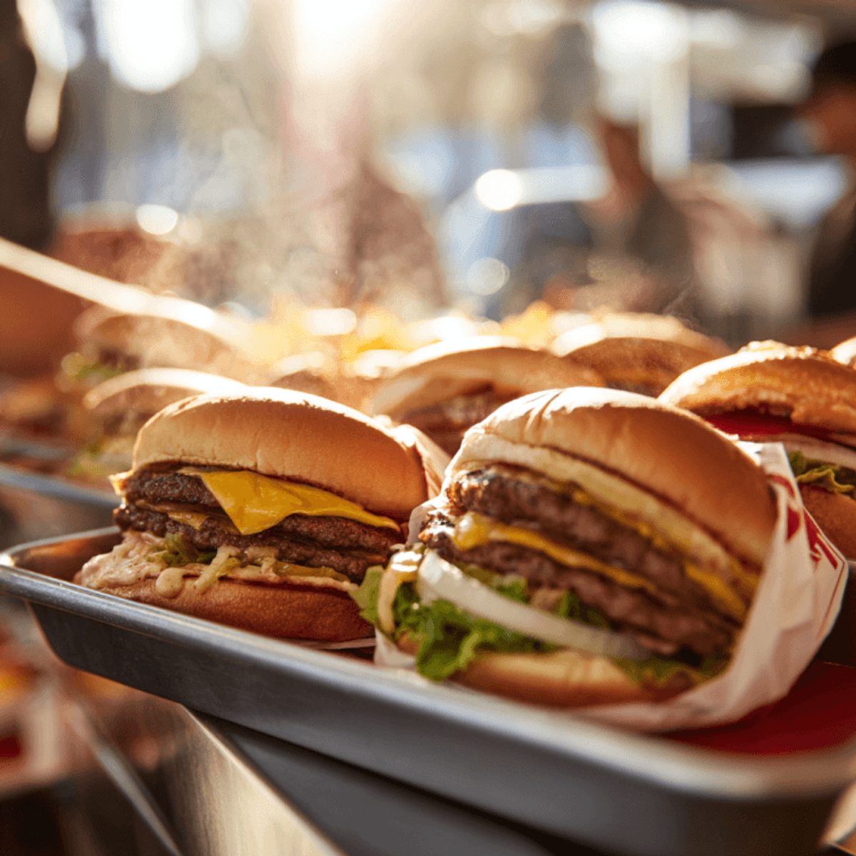 Close-up of delicious cheeseburgers in sunlight.