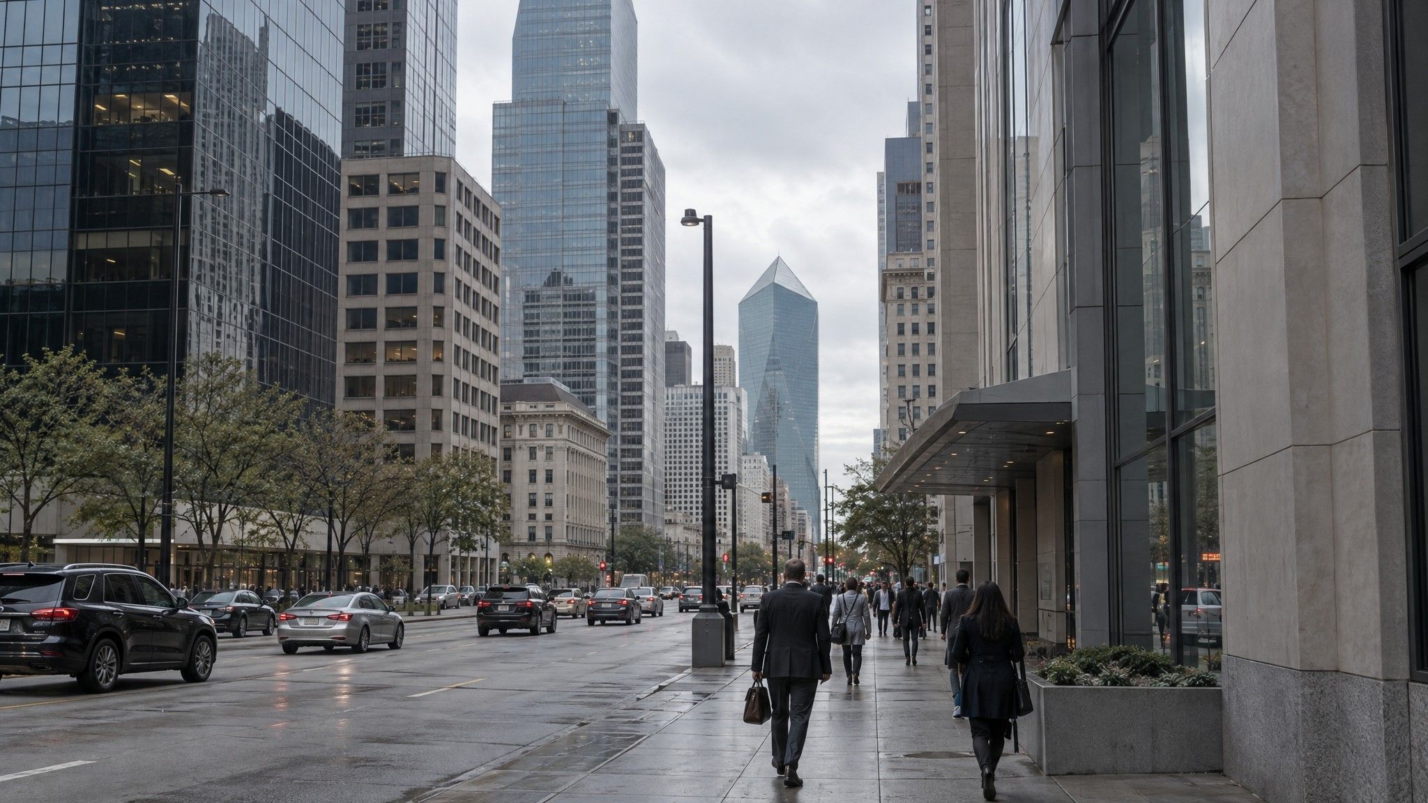 Dallas downtown street of mirrored glass and stone towers