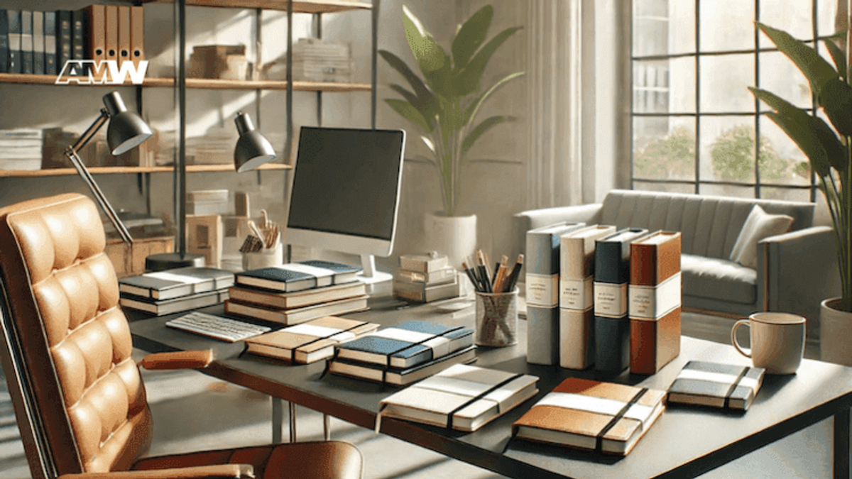 Modern office with books and computer on desk