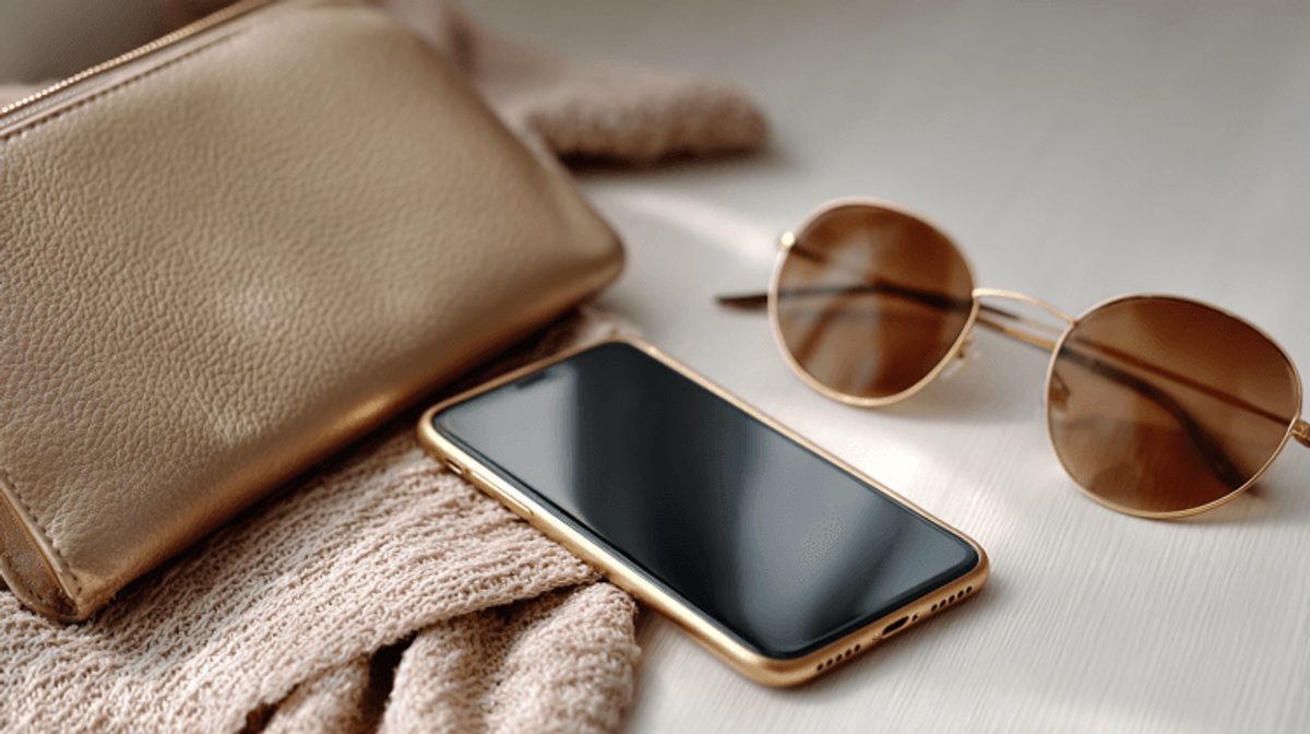 Stylish accessories: purse, phone, sunglasses on table.