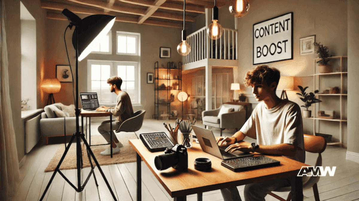 Two people working on laptops in modern office.