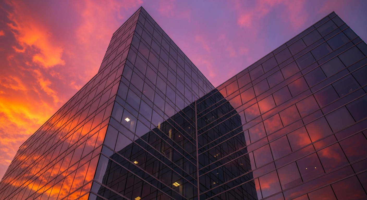 Modern glass office building facade reflecting vivid sunset clouds