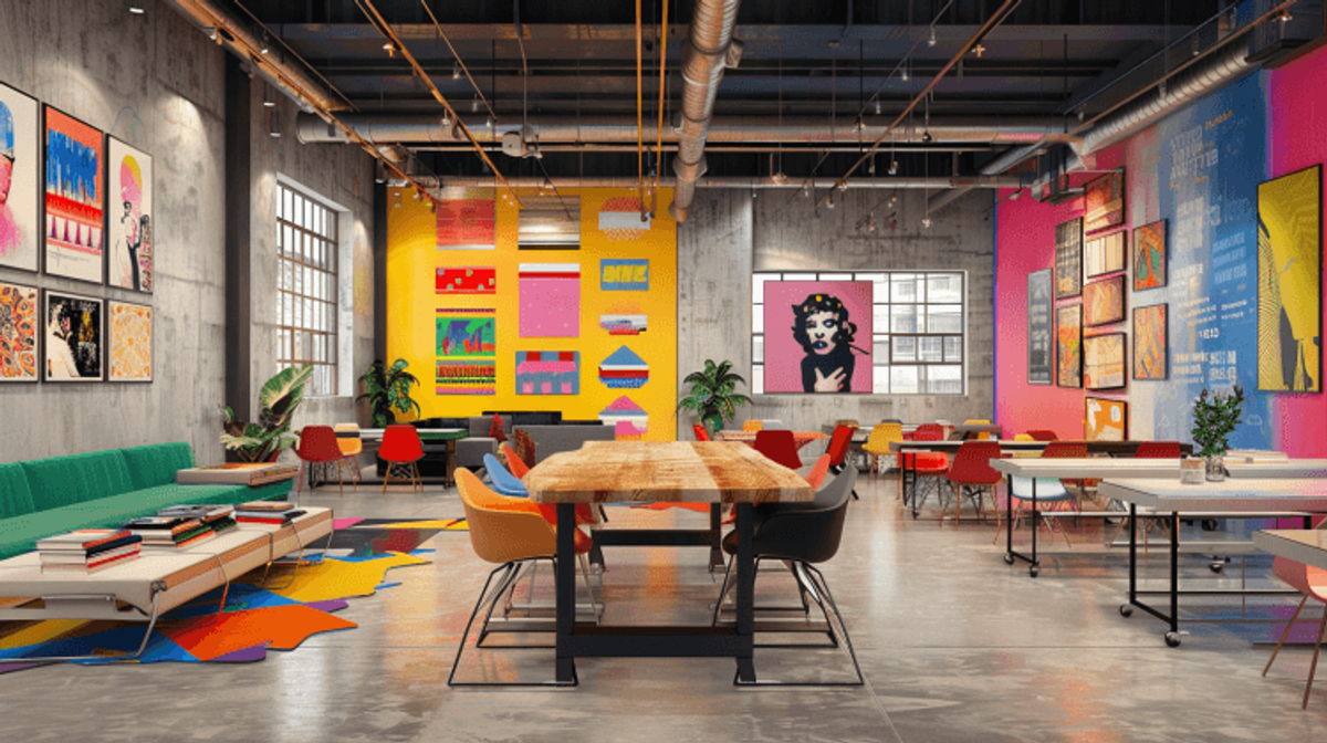 Vibrant coworking space with colorful artwork and seating.