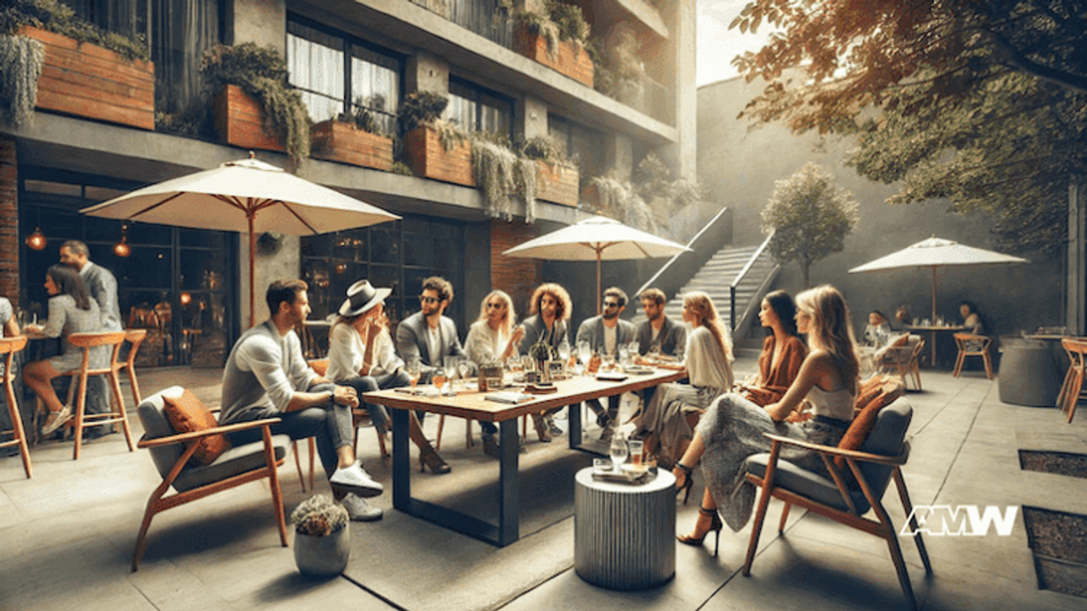 Group of friends enjoying outdoor dining at restaurant.