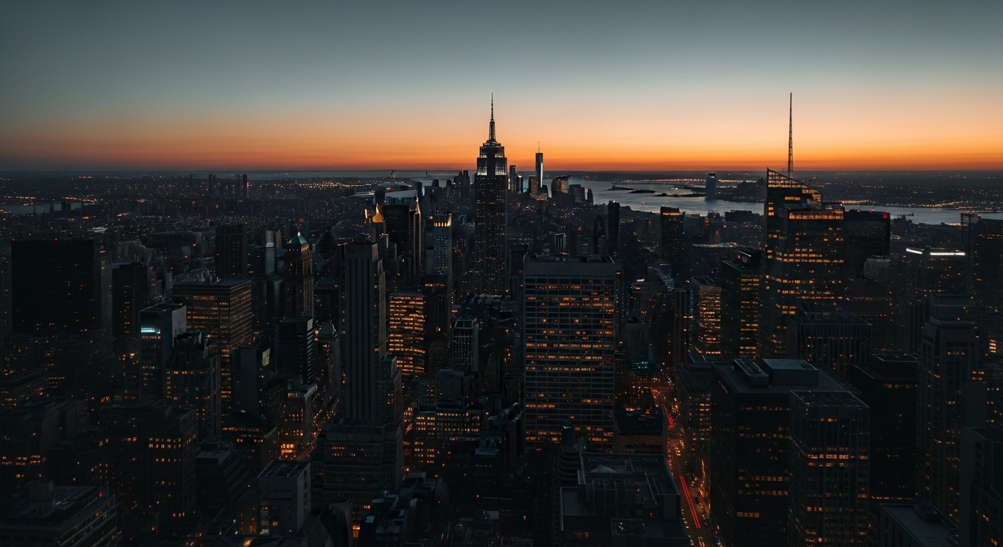 City skyline at twilight with warm building lights and deep shadows