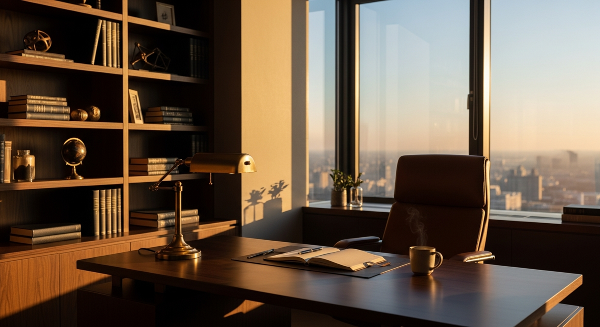 Elegant private office space with city views representing personal publicist workspace