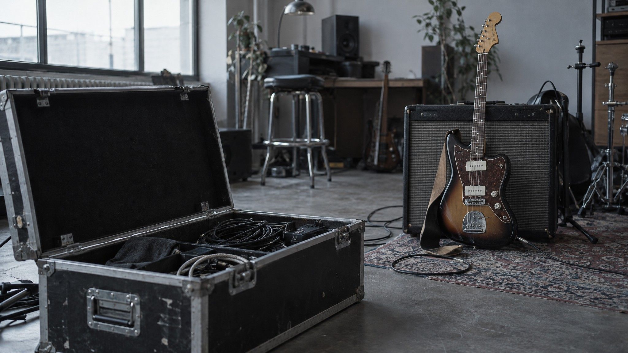 Open flight case with coiled cables and a guitar against an amp