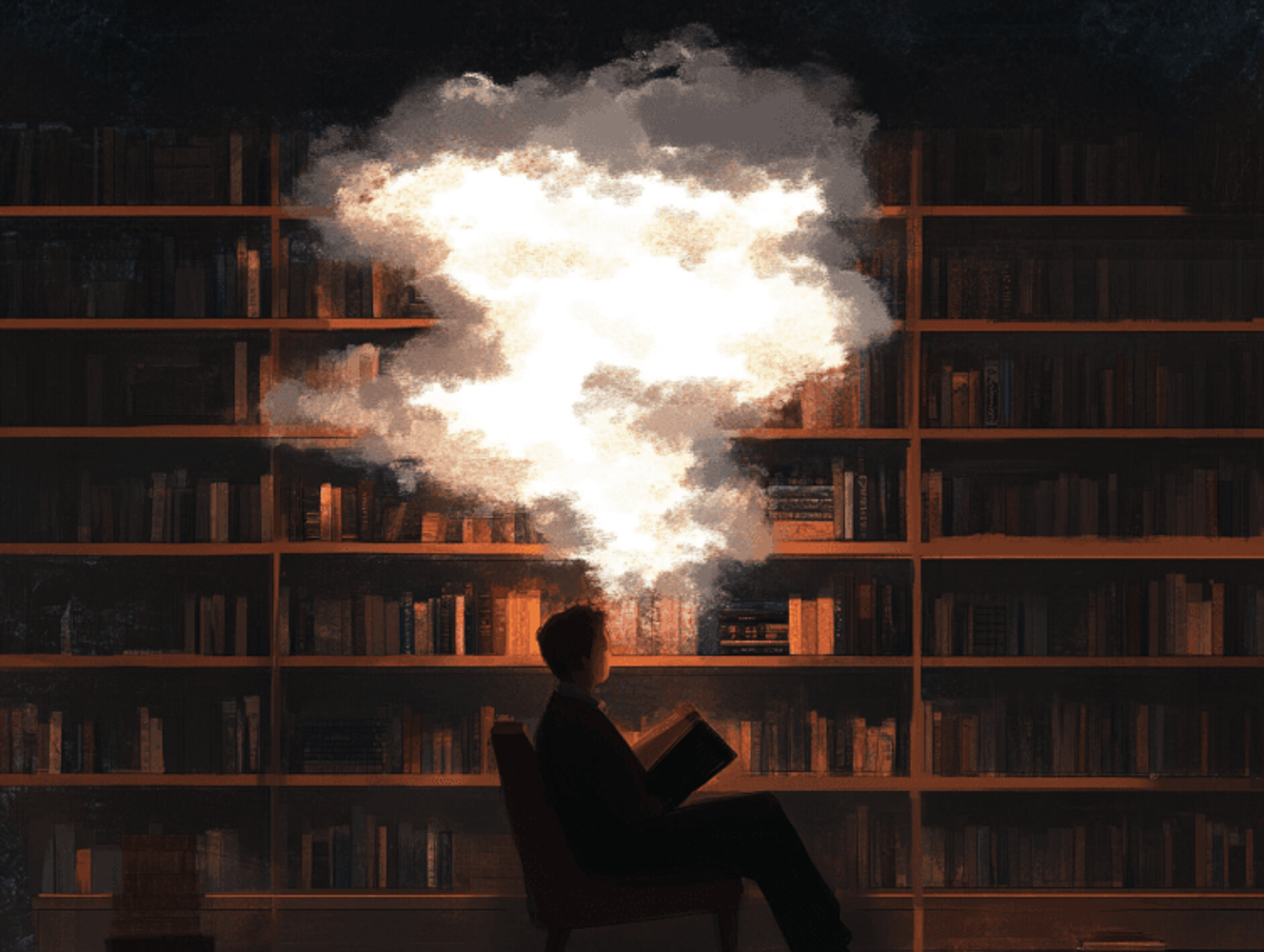 Person reading in cozy library with glowing book.