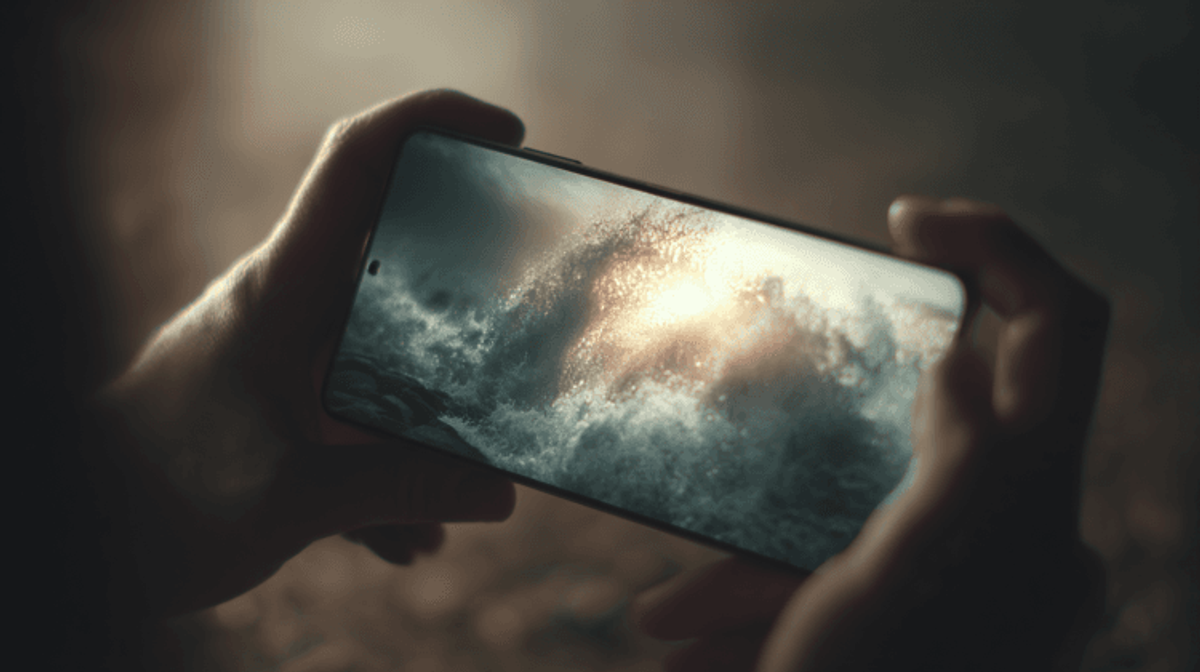 Hand holding phone displaying ocean waves video