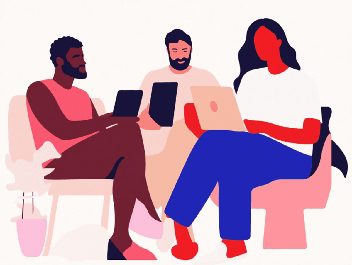 Illustration of three people using electronic devices.