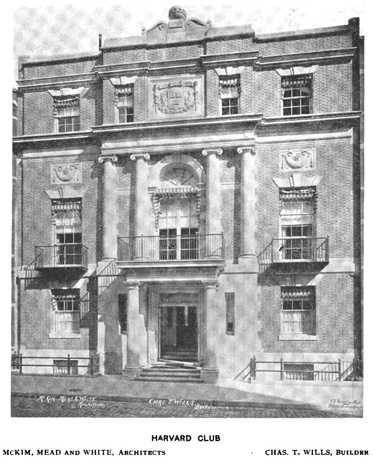 A printed photograph of the Harvard Club's brick clubhouse on West 44th Street, with a columned entrance, iron balconies and a carved seal above the second floor, captioned McKim, Mead and White, Architects