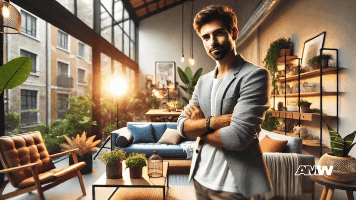 Man smiling in stylish living room with sunlight.