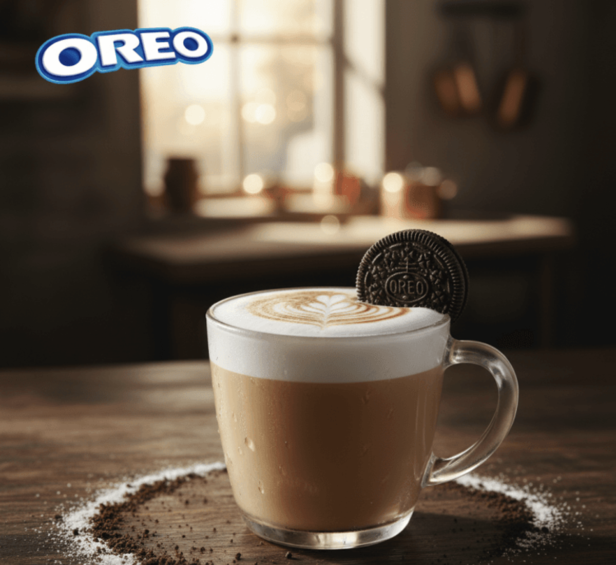 Cappuccino with Oreo biscuit on wooden table.