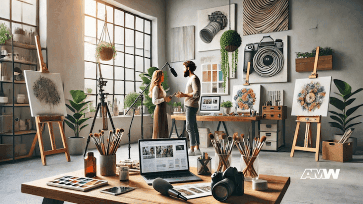 Artists discussing inside a creative studio with paintings.