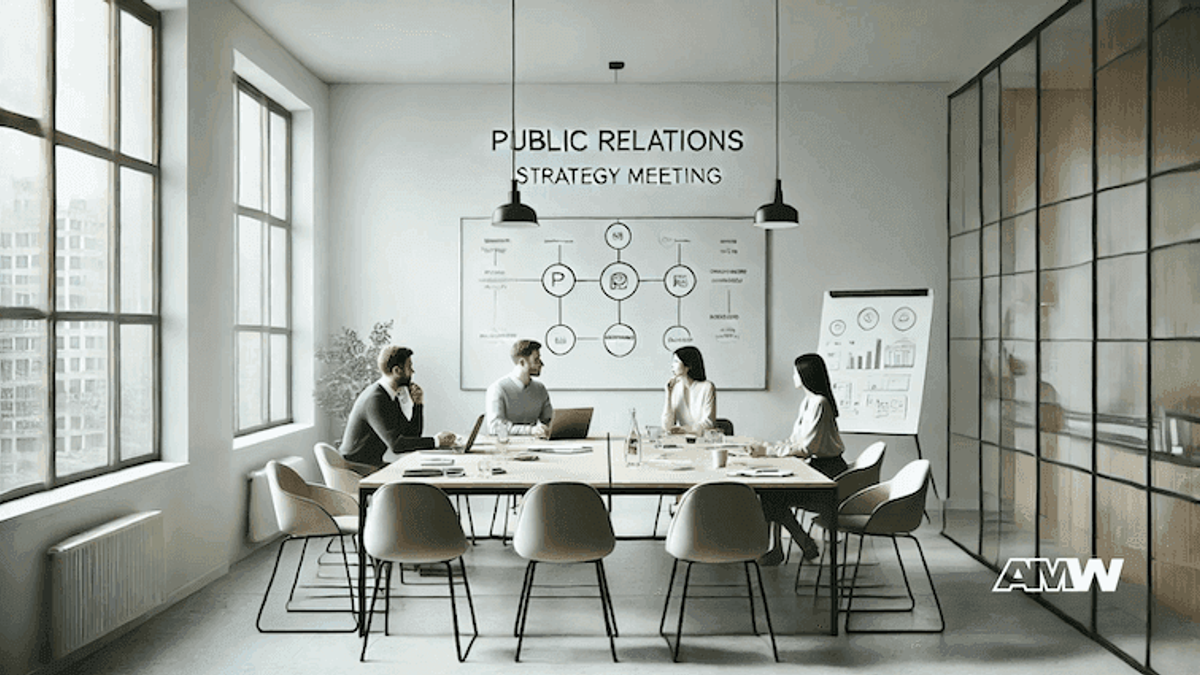 A bright meeting room with a long table and chairs facing a whiteboard headed PUBLIC RELATIONS STRATEGY MEETING with a diagram drawn below it.