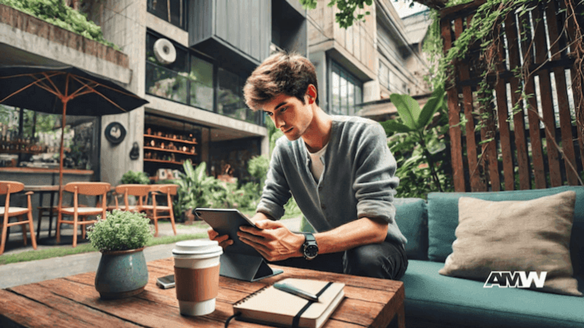 Man working on tablet in outdoor cafe.