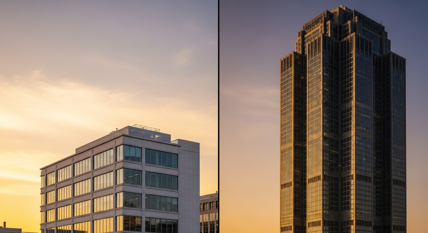 Small-cap company office versus large-cap corporate headquarters representing different IR scales
