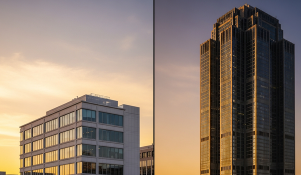 Small-cap company office versus large-cap corporate headquarters representing different IR scales