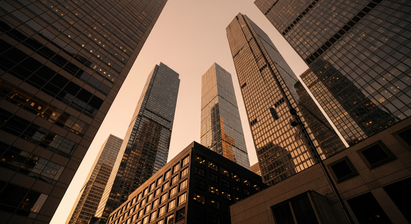 Financial district skyscrapers at golden hour reflecting warm light