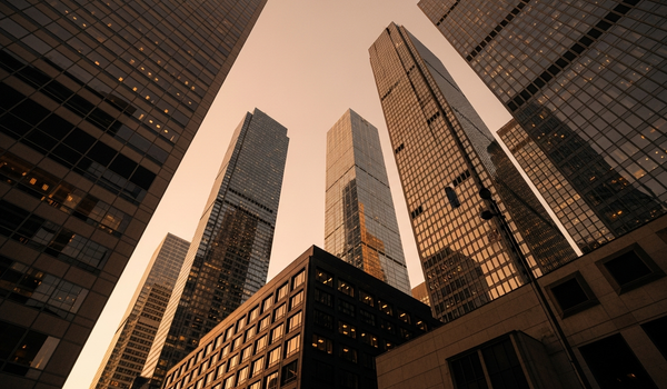 Financial district skyscrapers at golden hour reflecting warm light