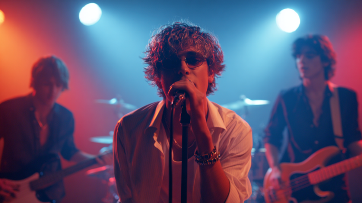 Rock band performing onstage with vibrant lighting.