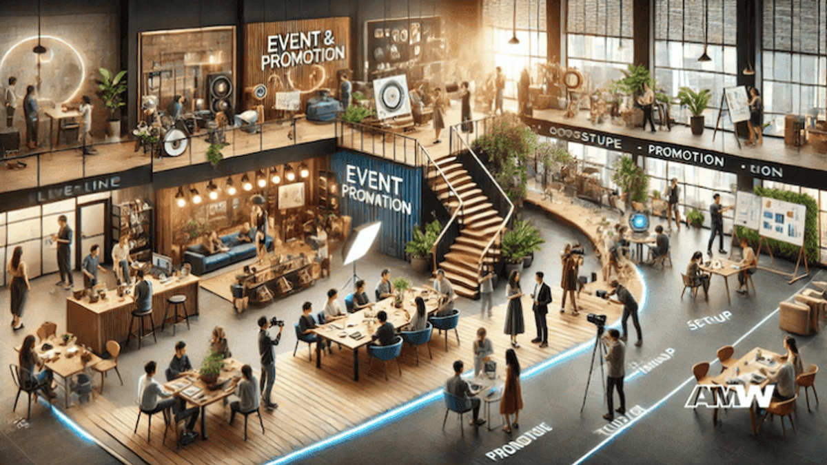 Event promotion workspace with people collaborating.