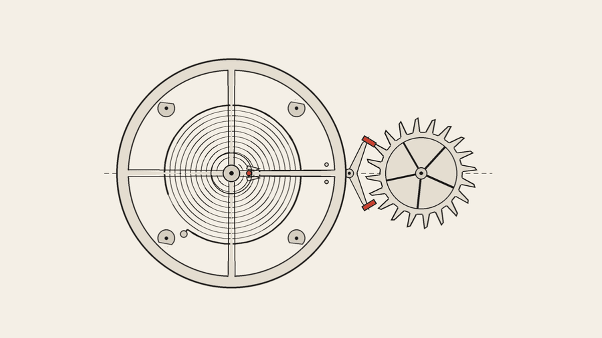 Animated technical drawing of a Patek Philippe Gyromax balance, Spiromax balance spring and lever escapement in motion